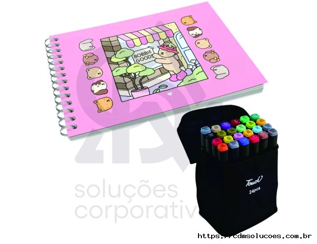 Kit Caderno de Colorir Bobbie Goods Com Canetas Artísticas Brush Pen com Estojo 24 Cores